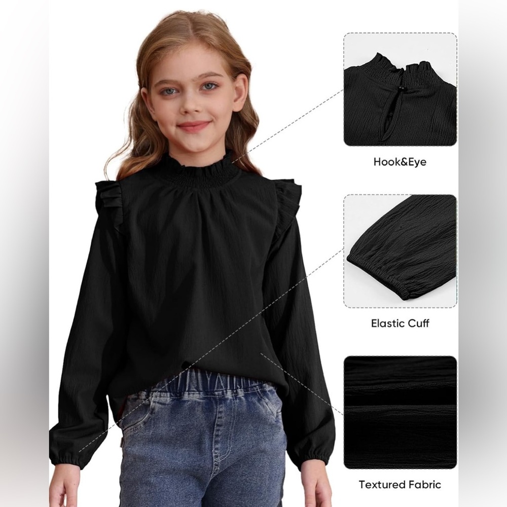 Black Smocked Ruffle Blouse Lightweight Long Sleeve Top High Neck Flowy - Picture 2 of 8
